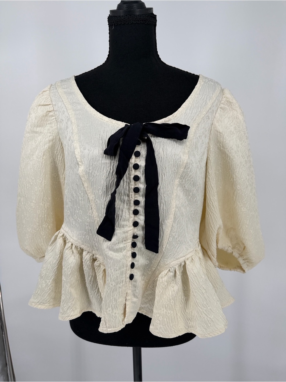 Free People Ivory Peplum Puff-Sleeve Top with Black Bow large